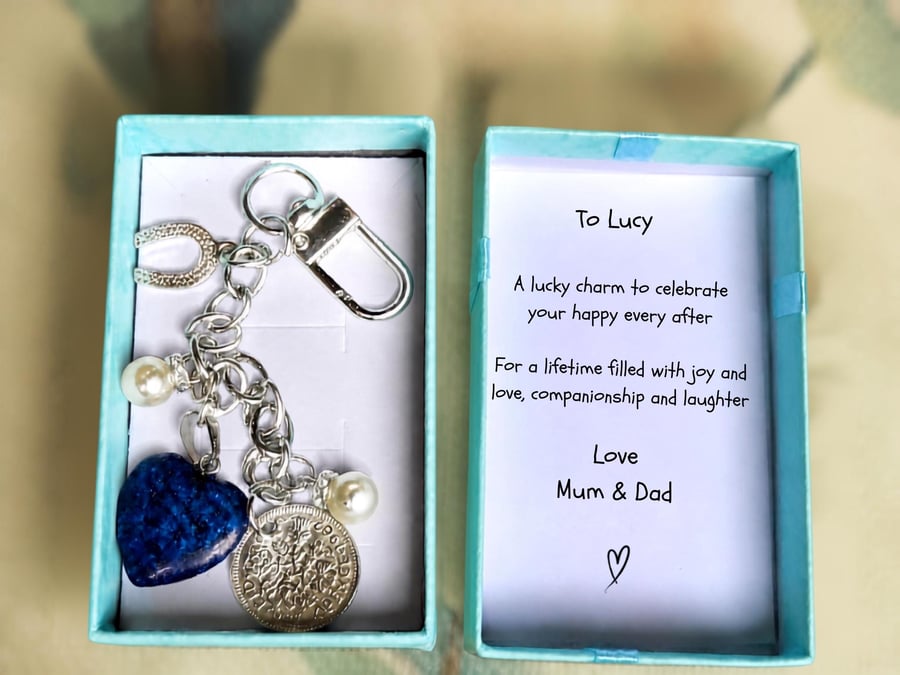 Image of Bride Key Chain, Bouquet Charm, Horseshoe, Something Blue, Pearls, Lucky Sixpenc