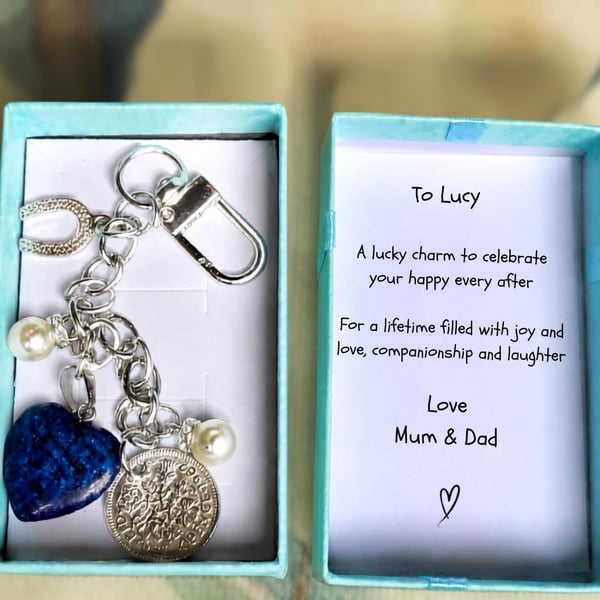 Bride Key Chain, Bouquet Charm, Horseshoe, Something Blue, Pearls, Lucky Sixpenc