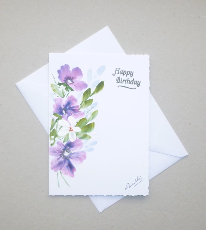 hand painted floral original art birthday card ( ref FA 76 G3 )