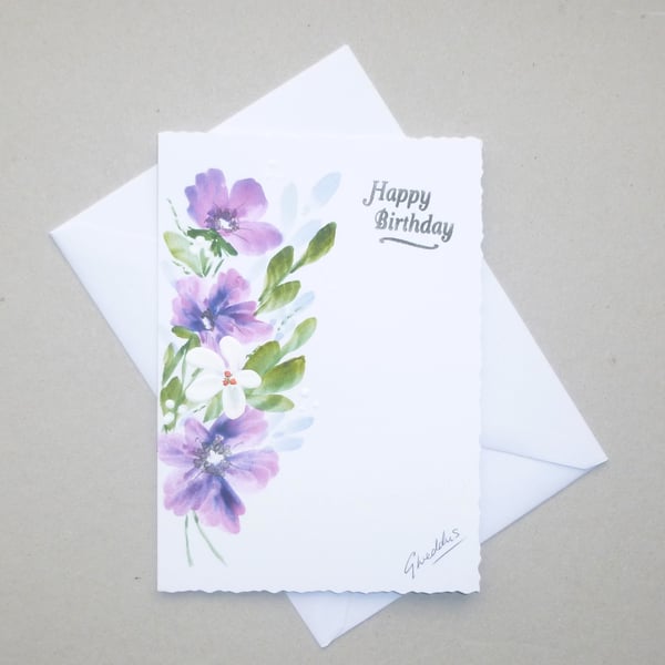 hand painted floral original art birthday card ( ref FA 76 G3 )