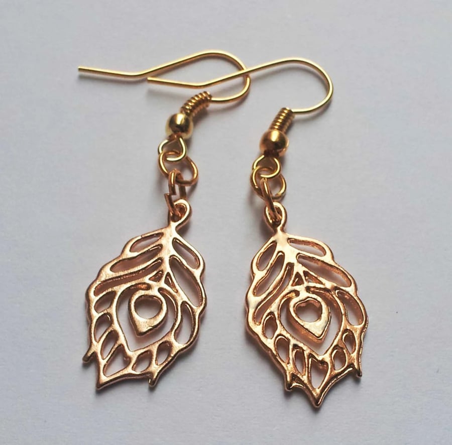 Feather Earrings Gold Plate Drop Dangle Earrings