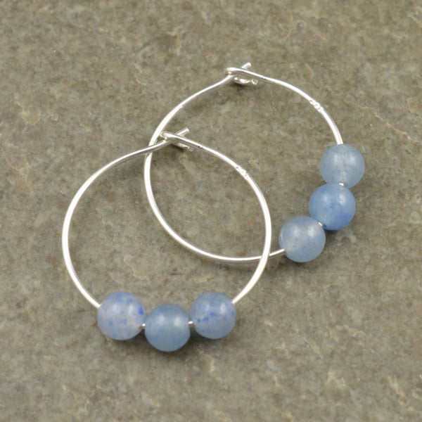 Boho 4mm Blue Aventurine Gemstone & 20mm Sterling Silver Hoop Earrings