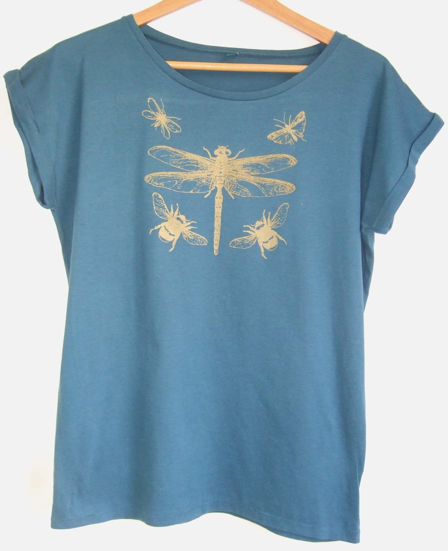 Dragonfly Teale and Gold Insects Womens cotton  T shirt rolled sleeve 