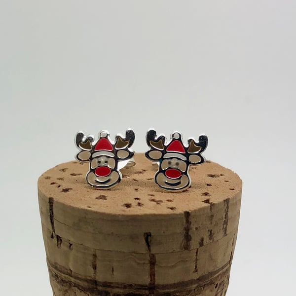 Sterling silver & enamel Reindeer stud earrings. Christmas earrings.