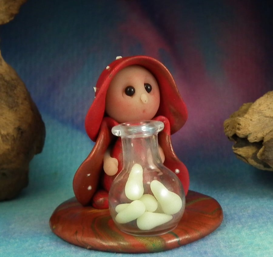 Tiny Toadstool Gnome 'Dilly' with jar of glow-worms OOAK Sculpt by Ann Galvin