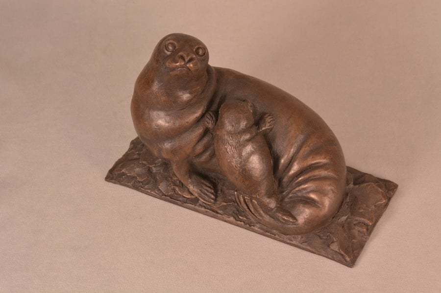 Seal and Cub Animal Statue Bronze Resin Sculpture