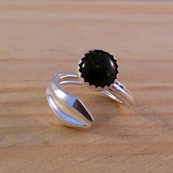 Upcycled Sterling Silver Kite Spoon Handle Ring with Blue Goldstone (SKU060525)