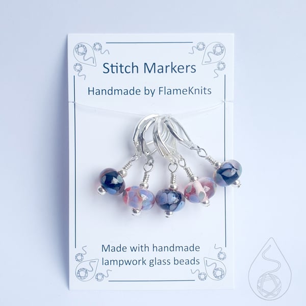 Lampwork Stitch Markers - Transparent Pinks and Purples OOAK
