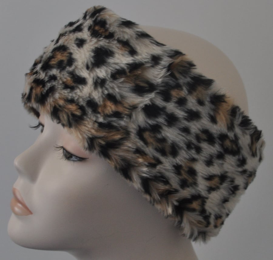 Ladies Faux Fur Headband Ear Warmer Head Band - Leopard Print Edition