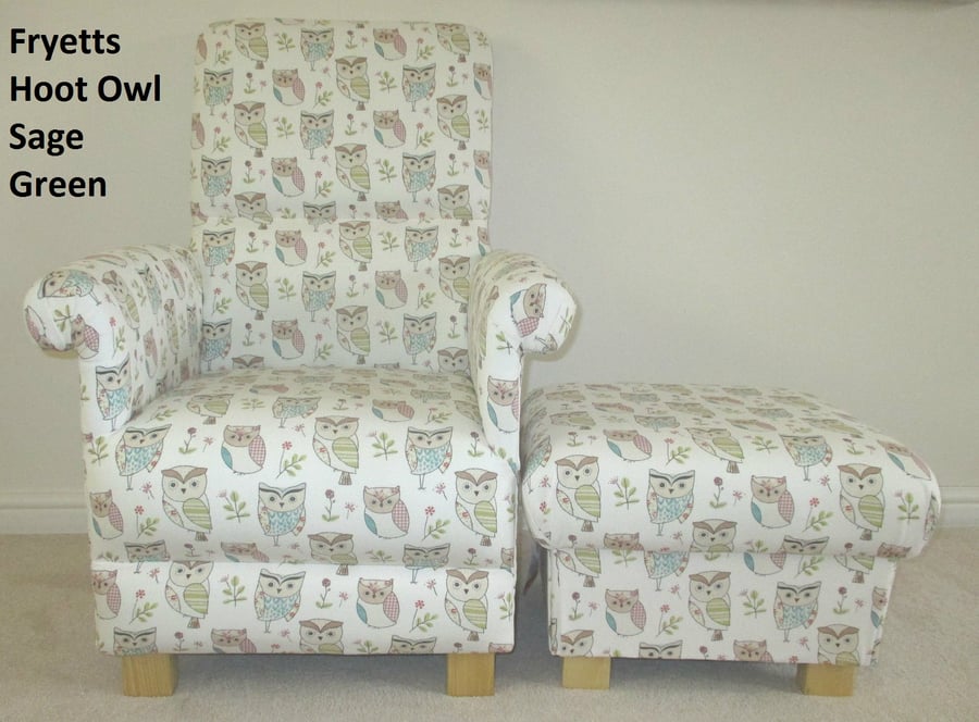 Fryetts Hoot Owl Fabric Chair & Footstool Footstall Sage Green Patchwork Nursery