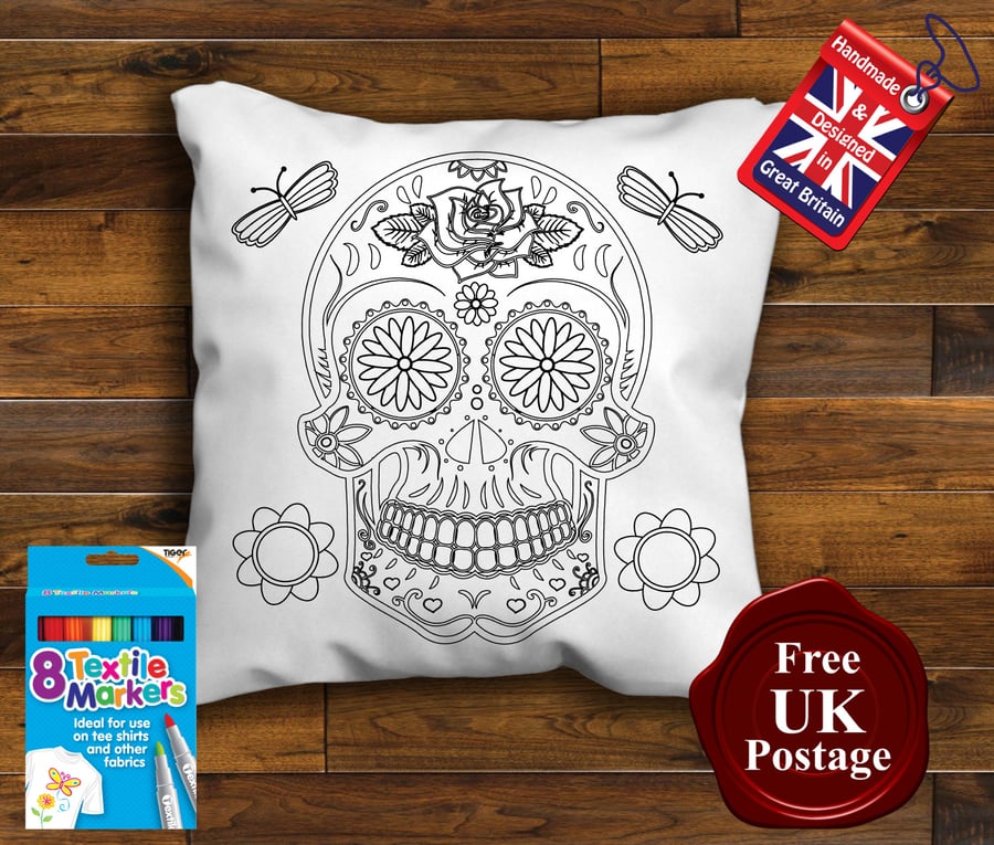 Sugar Skull Colouring Cushion Cover With or Without Fabric Pens Choose Your Size