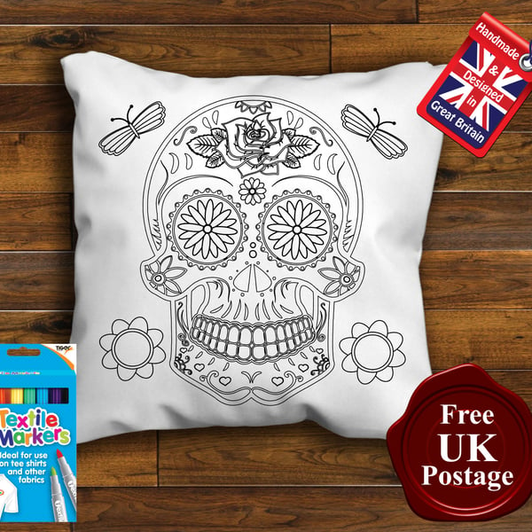 Sugar Skull Colouring Cushion Cover With or Without Fabric Pens Choose Your Size