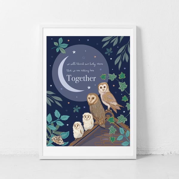 'Lucky Stars Owl Family' Illustration Print A4 Unframed 