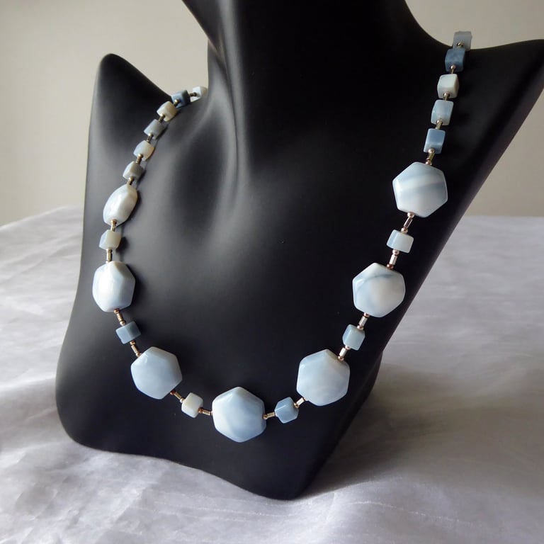 Blue Sky Sterling Silver Necklace featuring Cube and Hexagonal blue Opals