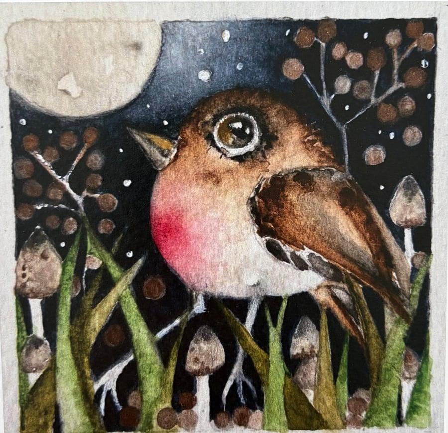 Whimsical Moon Gazing Robin Moonlight Art Print