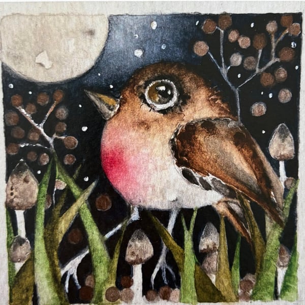 Whimsical Moon Gazing Robin Moonlight Art Print