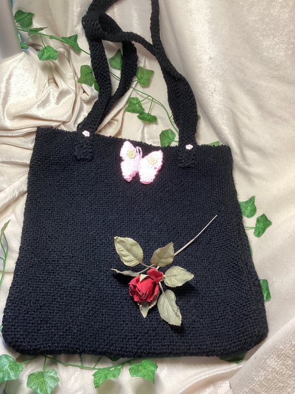 Hand Knitted Black Tote Bag with Pink Butterfly Detail. Free Postage. OOAK.