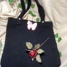 Hand Knitted Black Tote Bag with Pink Butterfly Detail. Free Postage. OOAK.