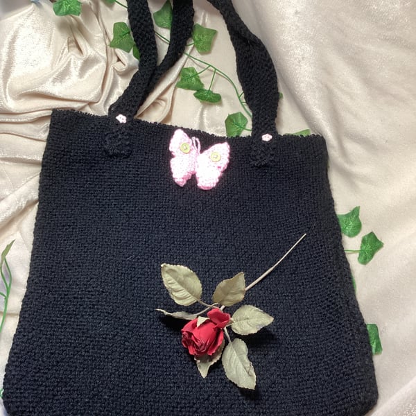 Hand Knitted Black Tote Bag with Pink Butterfly Detail. Free Postage. OOAK.