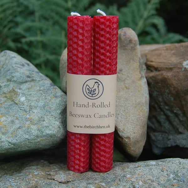 Pair of Red Hand Rolled Beeswax Taper Candles 15cm-5.9" - Burn Time 4 Hours Each