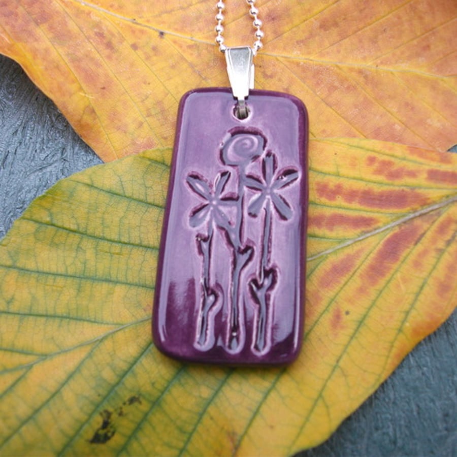 Ceramic Royal Purple Heart Pendant Necklace with Impressed Flowers