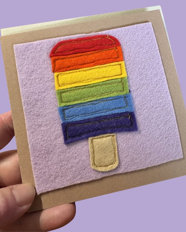 Rainbow Ice Lolly - Felt and Freehand Embroidery Square Card