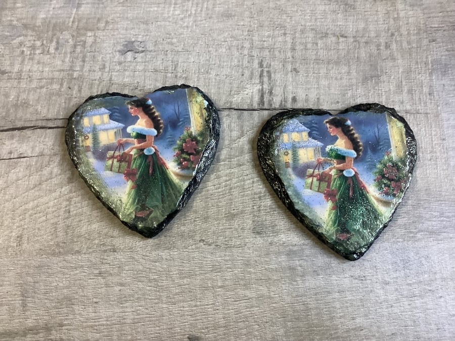 Christmas decoupage slate coasters x 2