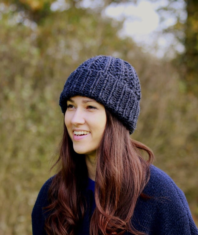 Anthracite Unisex Super Chunky Turn-Up Beanie, Hand Knit Wool Blend Hat