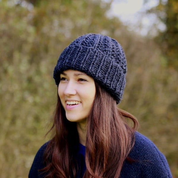 Anthracite Unisex Super Chunky Turn-Up Beanie, Hand Knit Wool Blend Hat