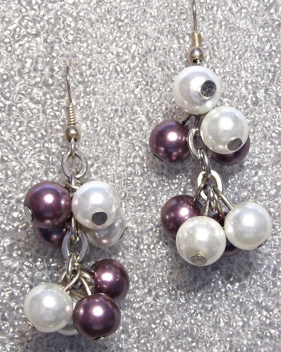 Purple & White Glass Pearl Cluster Earrings with Sterling Silver Hooks