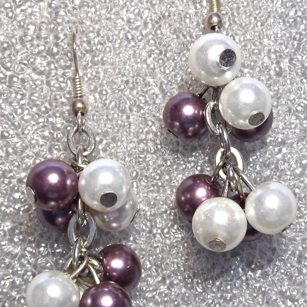 Purple & White Glass Pearl Cluster Earrings with Sterling Silver Hooks