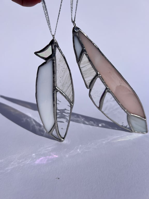 White, blush and iridescent stained glass feather decoration - choice of 2 sizes