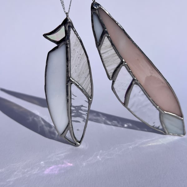 White, blush and iridescent stained glass feather decoration - choice of 2 sizes