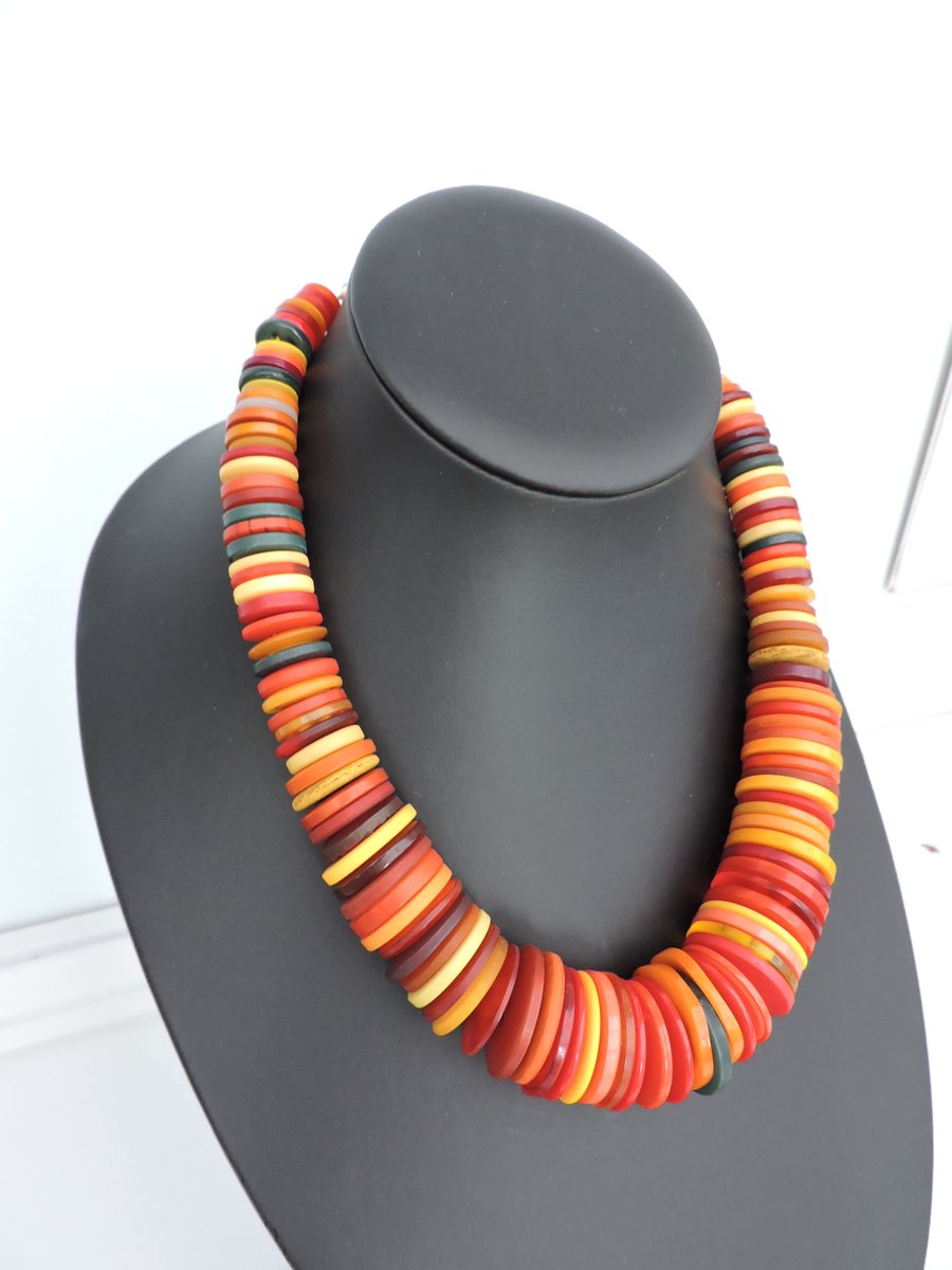 Button Necklace Orange Red and Yellow