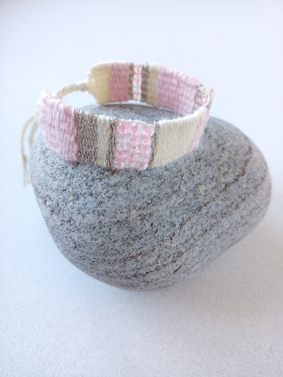Hand Woven Beaded Friendship Bracelet in Pastel Pink and Cream