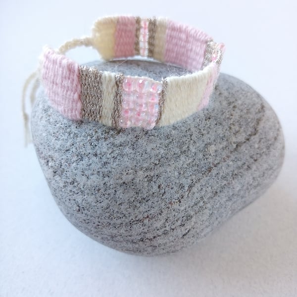 Hand Woven Beaded Friendship Bracelet in Pastel Pink and Cream