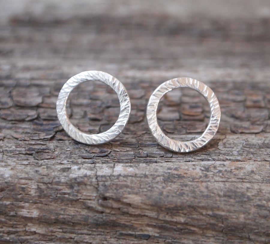 Ring stud earrings - handmade silver stud earrings - hammered texture silver