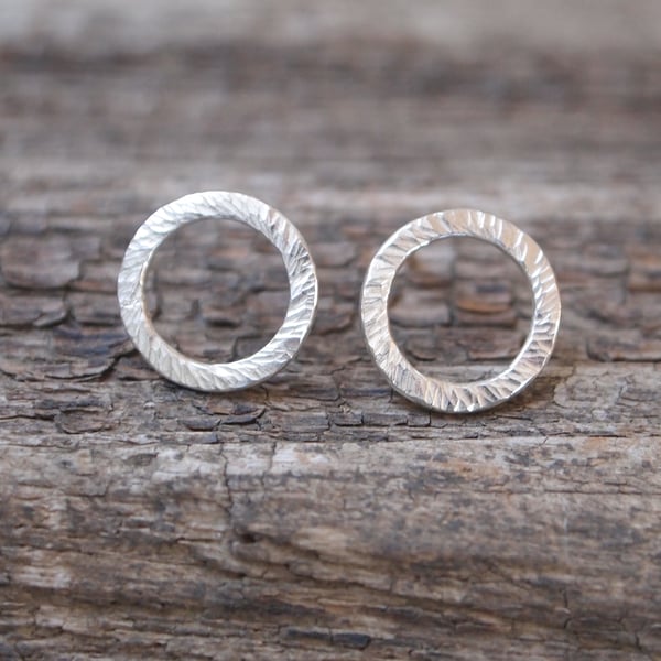 Ring stud earrings - handmade silver stud earrings - hammered texture silver