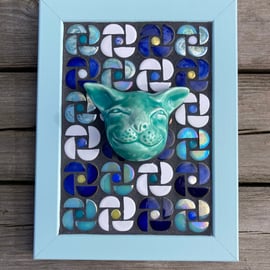 Mosaic geometric picture with ceramic cat head