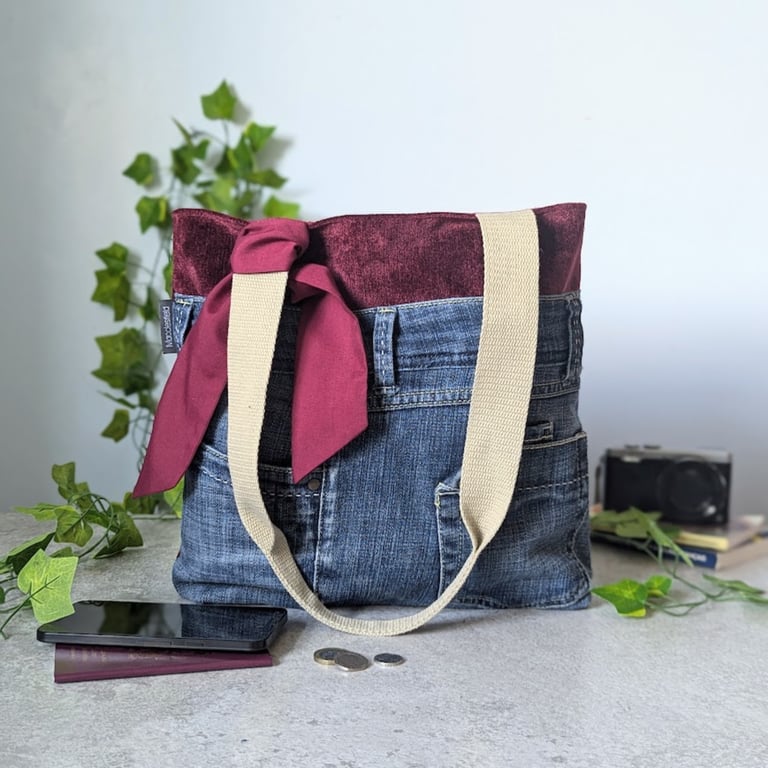 Denim Tote Handbag or Shoulder Tote Bag with Chenille Trim