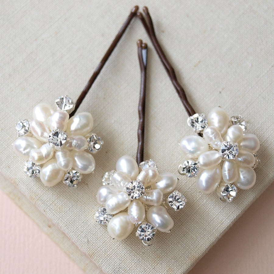 Flora Ivory Pearl Hair Pins - Wedding Hair Accessories Bridal Flower Clips 