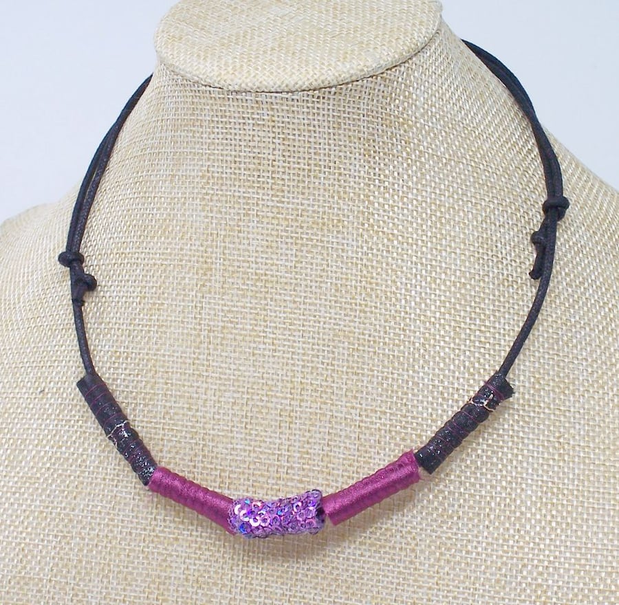 Sold. Fabric bead necklace with waxed cotton cord - Merlot