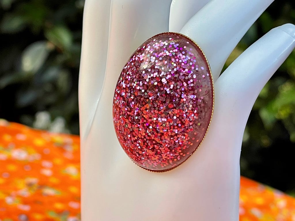 PINK GLITTER LARGE RING  30 x 40 mm COCKTAIL adjustable CHROME base