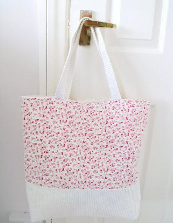 ivory corduroy and floral shoulder bag, pink fl... - Folksy