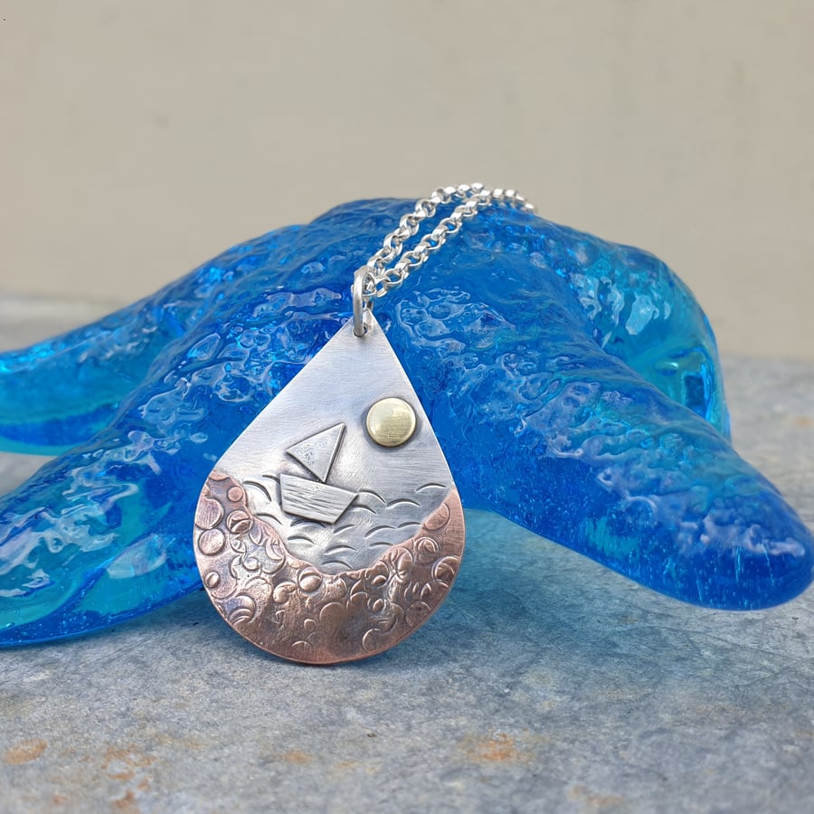 Silver beach, sea coast pendant, with sailing boat