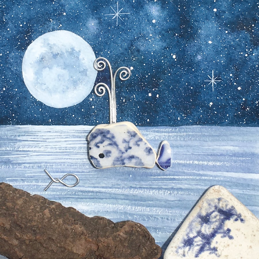 Whale by Moonlight - Watercolour & Pebble Art Picture. Beach Driftwood & Pottery
