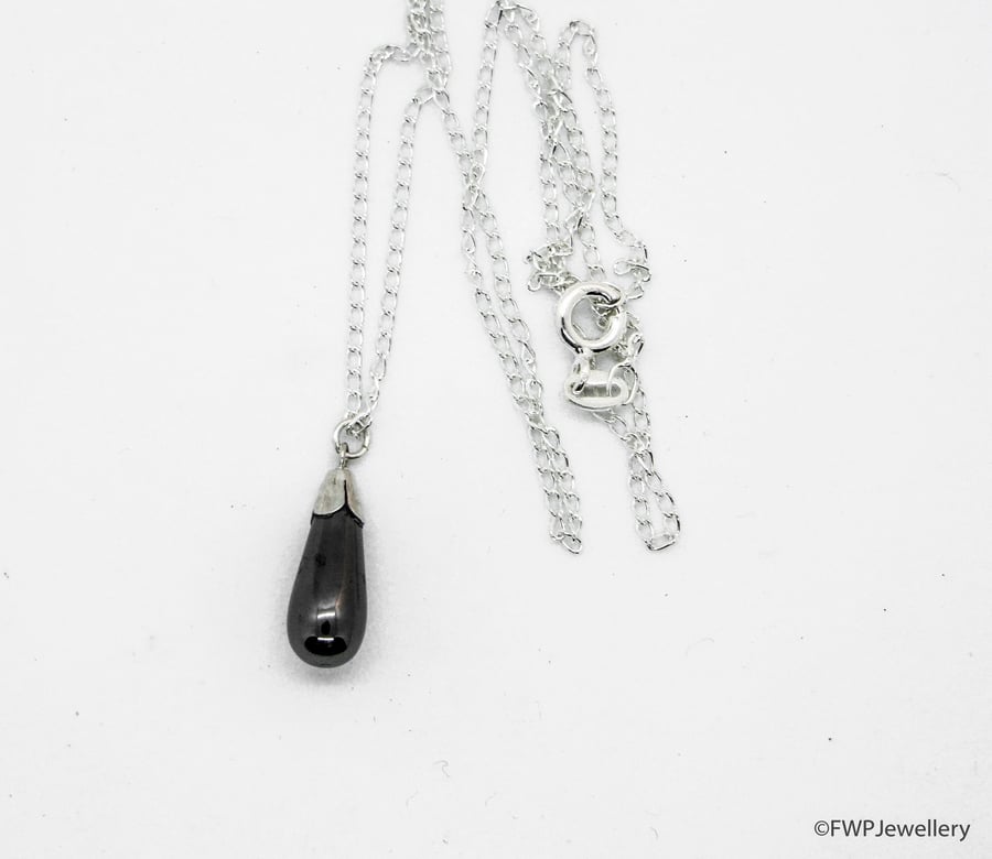 Hematite Drop Pendant with 16" Silver Chain & Matching Earrings