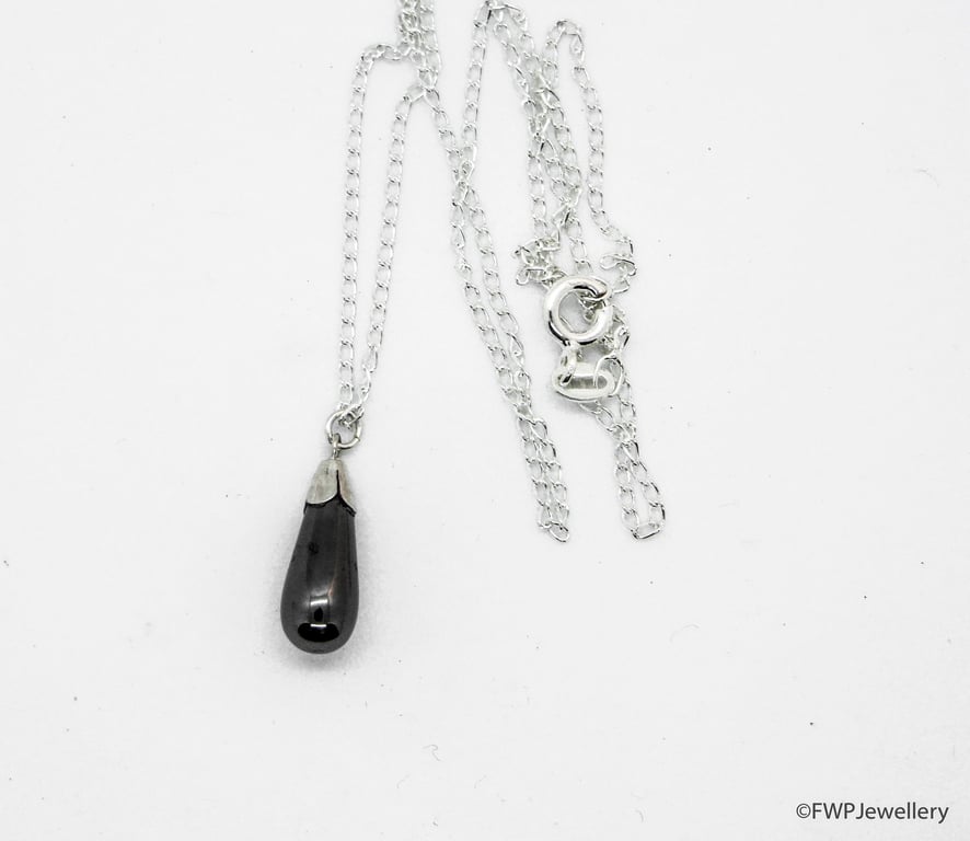 Hematite Drop Pendant with 16" Silver Chain & Matching Earrings