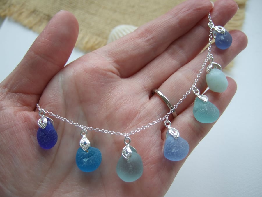 Seaham Water Colour Sea Glass Necklace, Blue Turquoise Beach Glass
