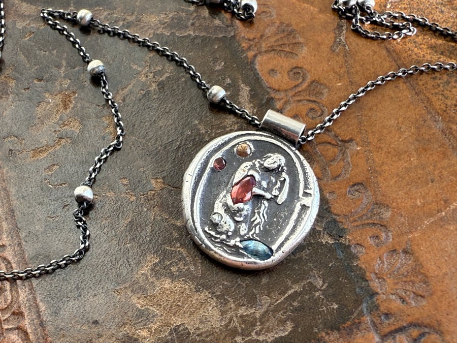 Jewel Encrusted Sterling Silver & Sapphire Wax Seal Pendant